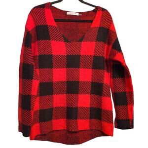 Mustard Seed Womens Tunic Top Red Black Plaid Long Sleeve V Neck High Low M